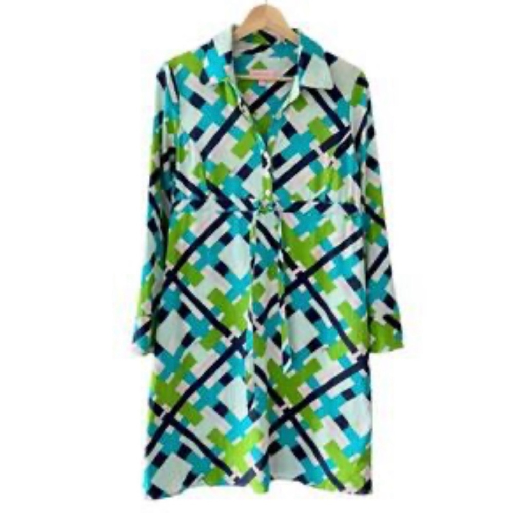 Lilly Pulitzer Blue and Green geometric Long Sleeve button front shirtdress 2